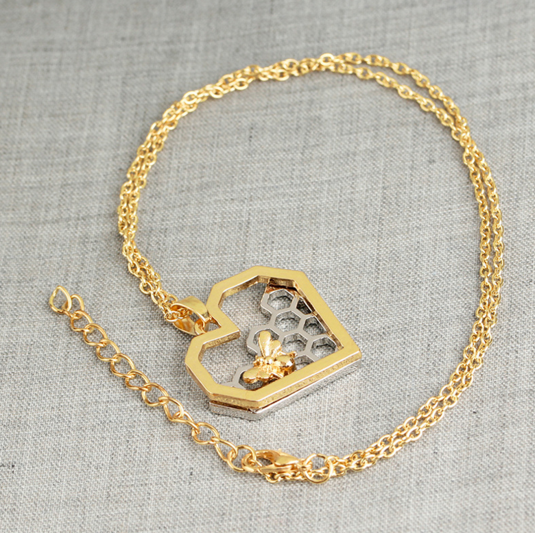 Honeycomb Heart Bee Necklace