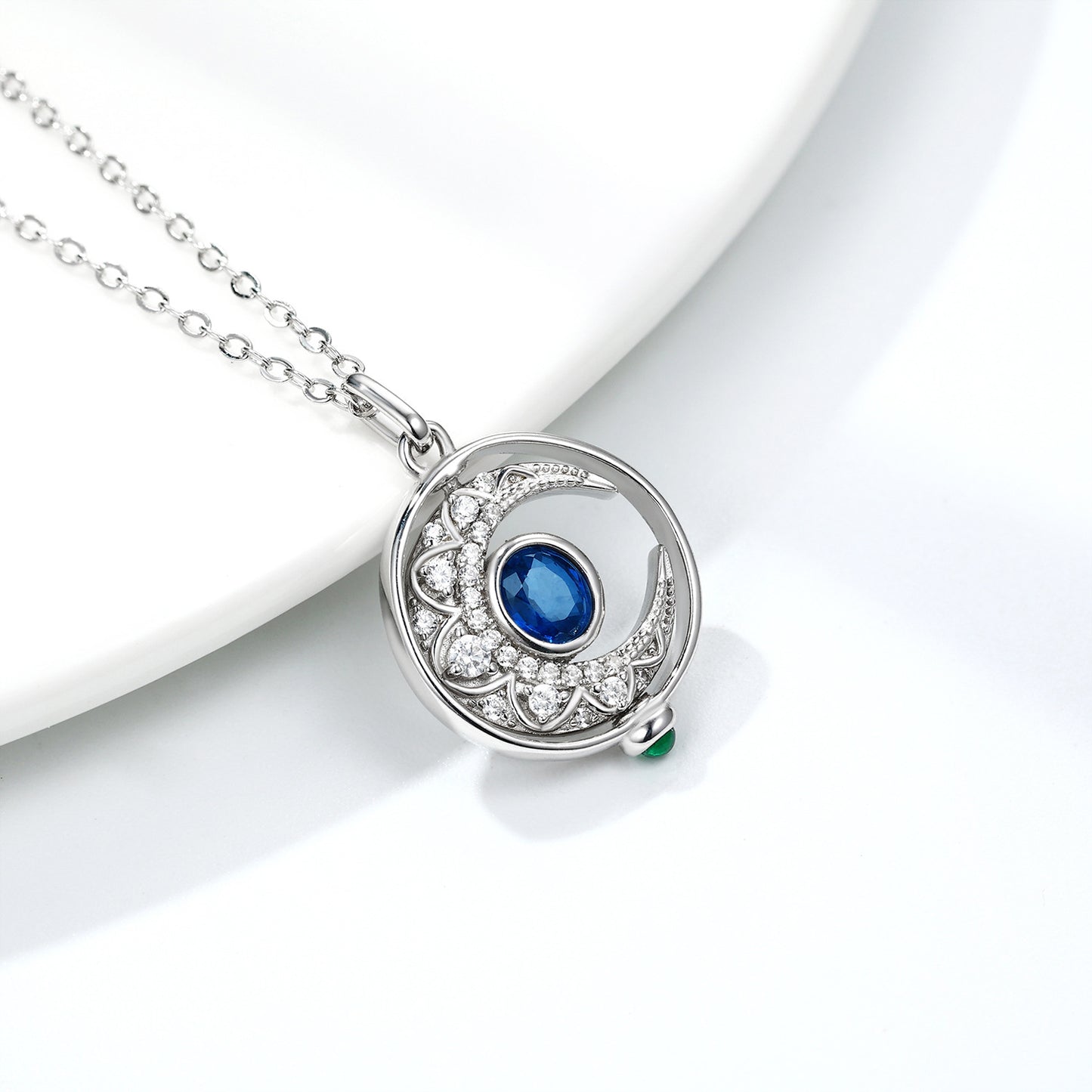 Rotating Sapphire Moon Necklace