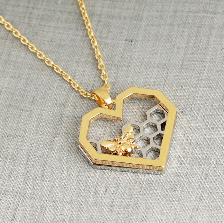 Honeycomb Heart Bee Necklace