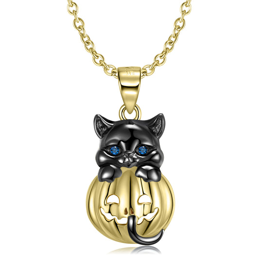 Black Cat with Halloween Pumpkin Necklace
